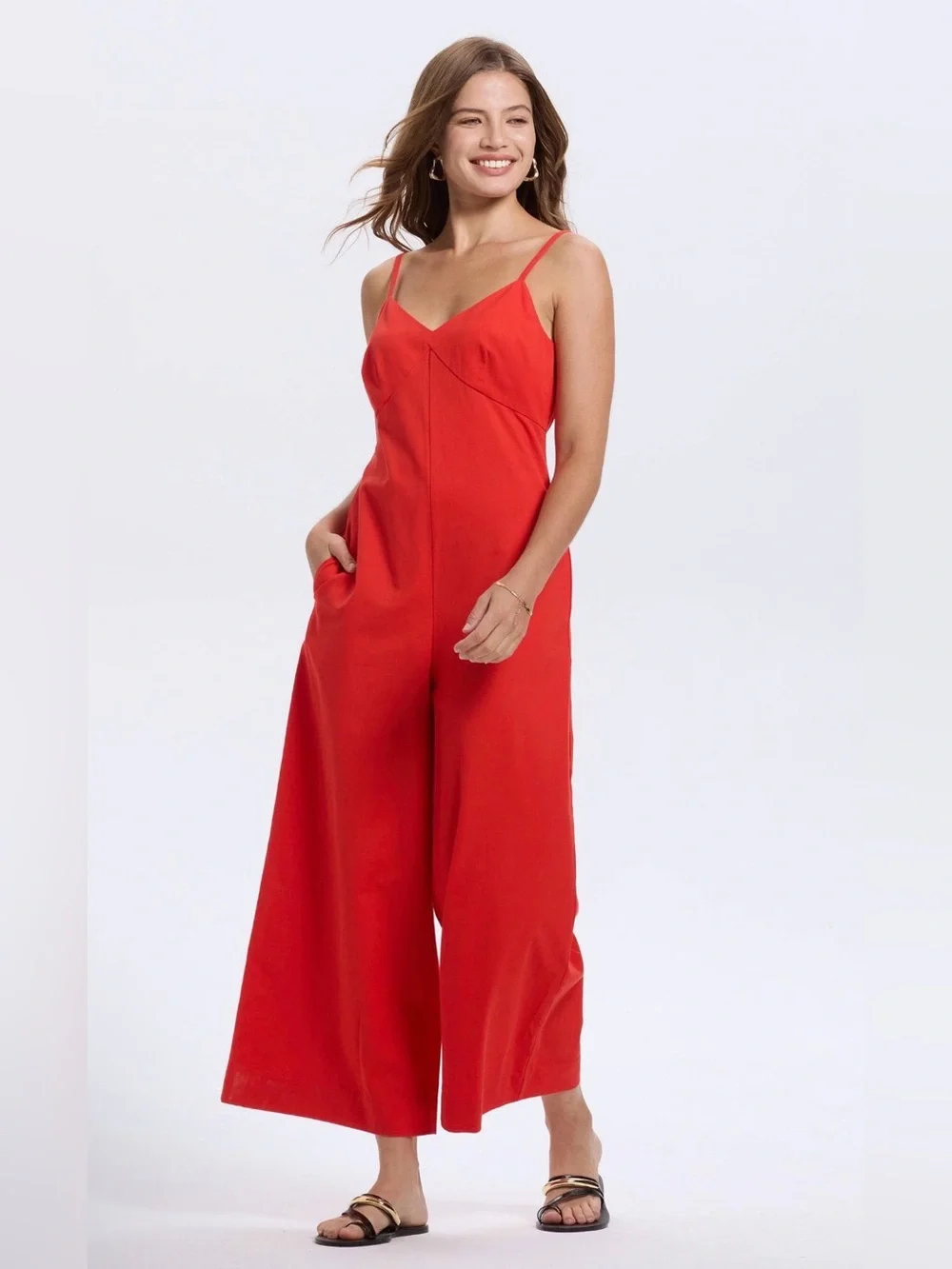 A New Day Red Wide-Leg Spaghetti-Strap Jumpsuit Small Casual Pockets NWT